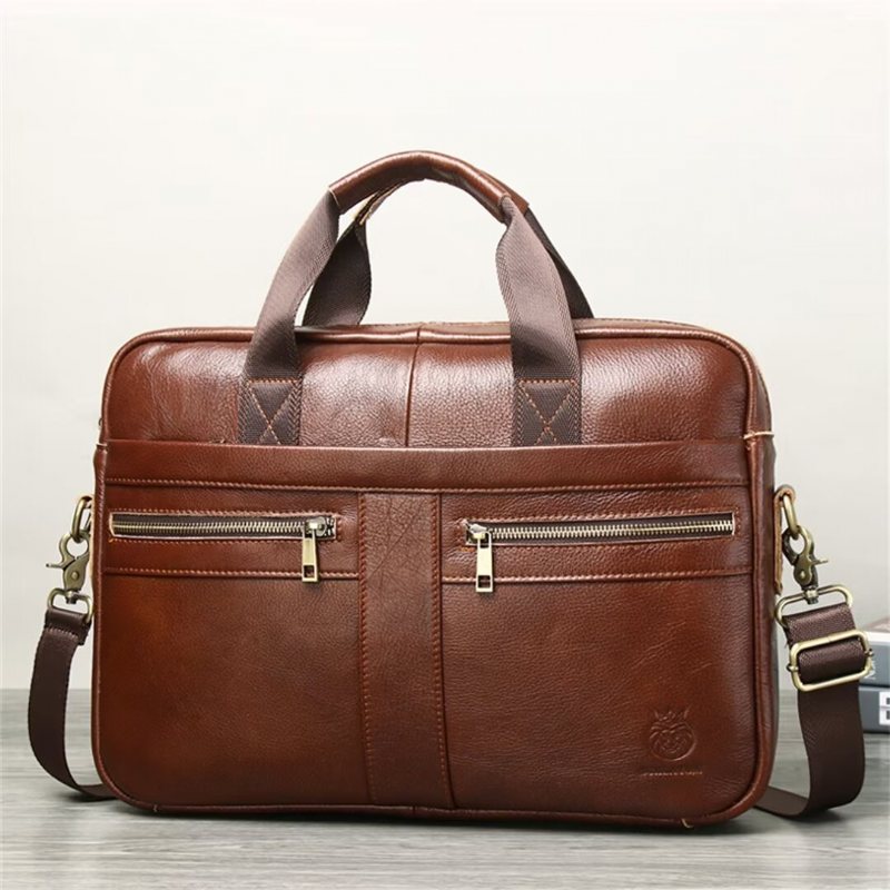 Ανδρικές Τσάντες Ώμου Executive Square Leather Satchel - Καφέ