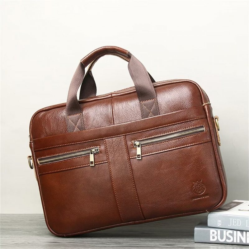 Ανδρικές Τσάντες Ώμου Executive Square Leather Satchel - Καφέ