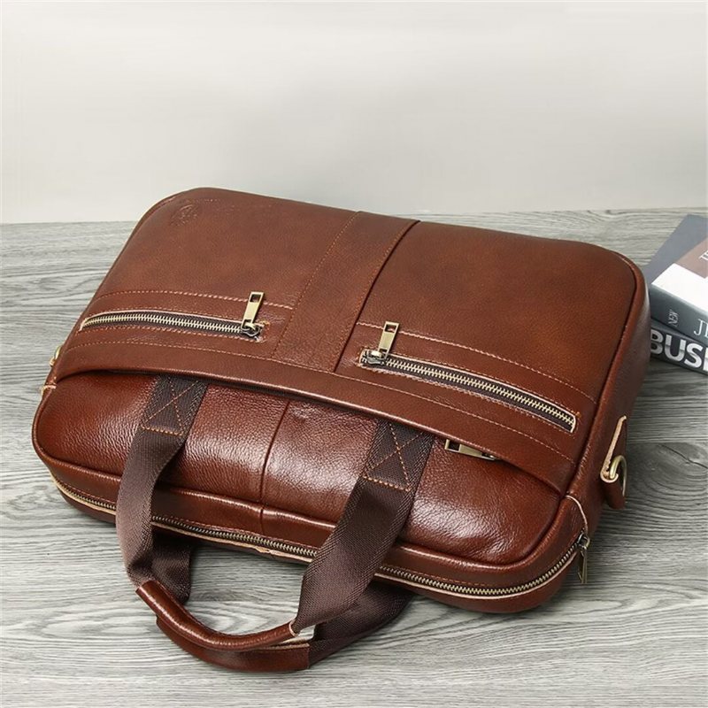 Ανδρικές Τσάντες Ώμου Executive Square Leather Satchel - Καφέ