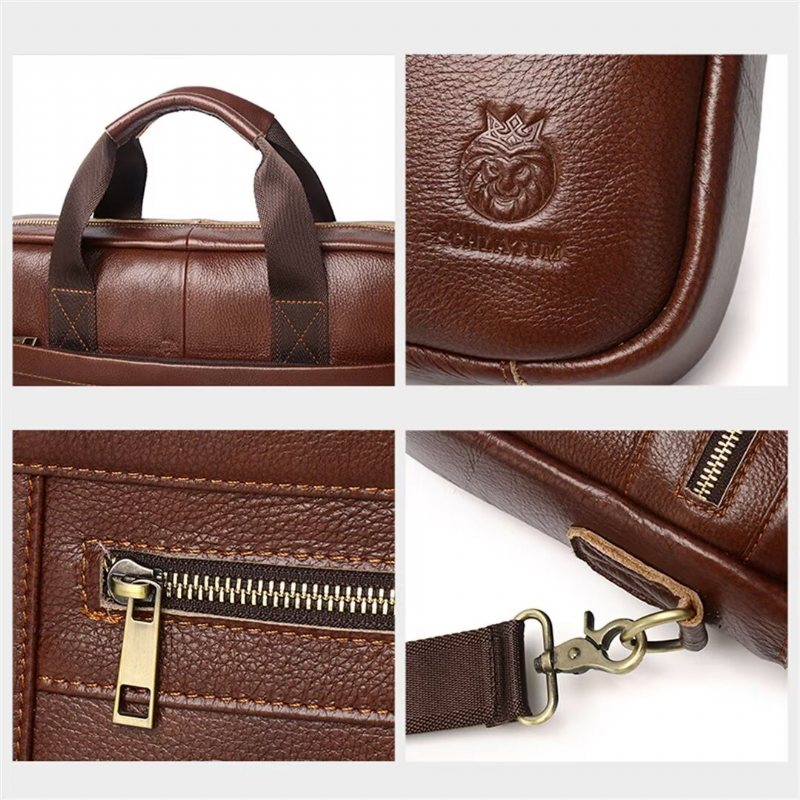 Ανδρικές Τσάντες Ώμου Executive Square Leather Satchel - Καφέ